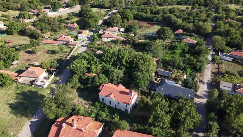 Aerial view of Ascension of Christ Orthodox Church in Zlatari village, Yambol region, Bulgaria	
