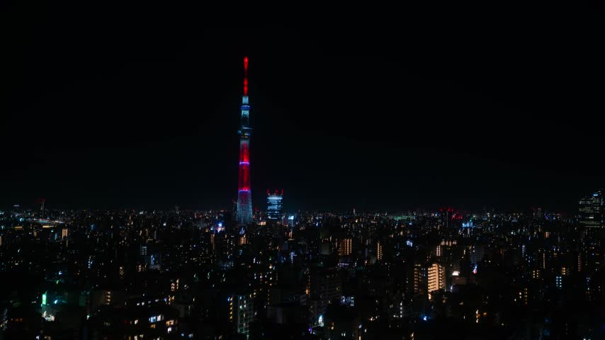 Tokyo Skytree Illuminated at Night with City Lights Timelapse, Tokyo, Japan