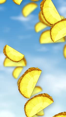 Vertical Animation of Sliced Pineapple Pieces Falling Against Blue Sky
