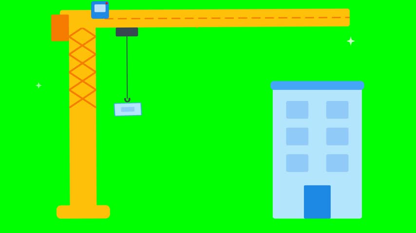 Animated vector illustration of a construction crane lifting and transporting building materials toward a developing high-rise building. suitable for construction companies, real estate projects, architectural presentations, engineering content, infrastructure campaigns, and educational explainer videos.