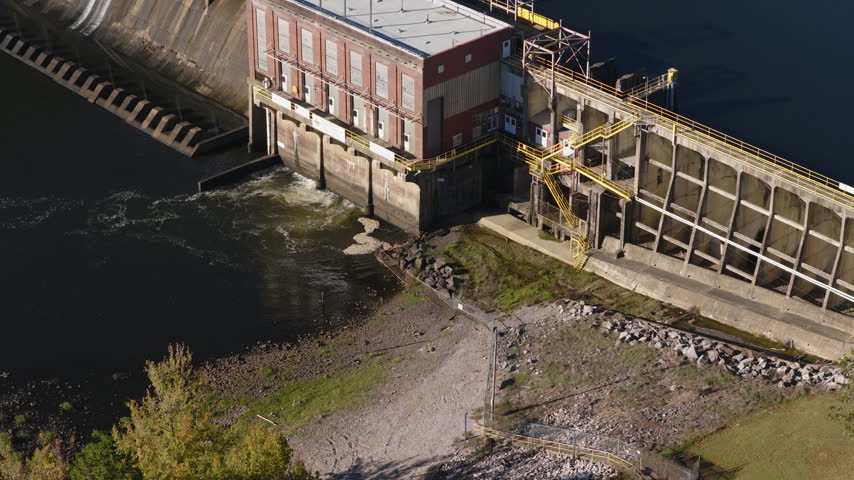 Aerial close-up of powerhouse beside Remmel Dam, drone, Ouachita River Jones Mill Arkansas USA