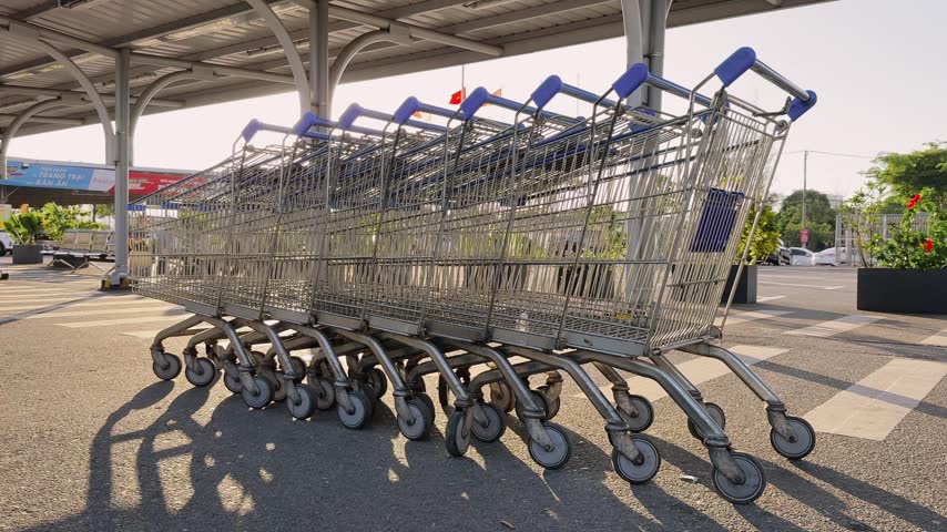 Empty nesting Shopping Carts Row Under Canopy Supermarket Bulk at sunset