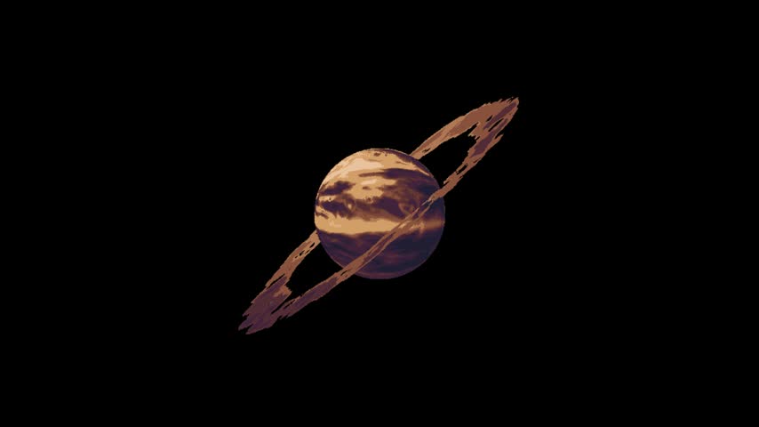 Planet with ring rotation animation in pixel art style with black screen background