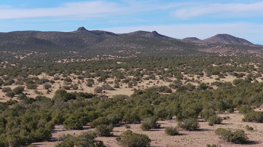 4K aerial view of a vast chaparral landscape near Santa Fe, New Mexico. The arid terrain is dotted with resilient desert vegetation, featuring scattered juniper and scrub brush under a blue sky.