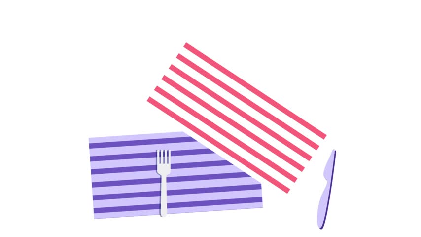 Modern flat vector illustration of a top view breakfast or dessert table setting featuring a slice of cake on a plate, coffee cup, fork, knife, striped napkins, and elegant tableware.