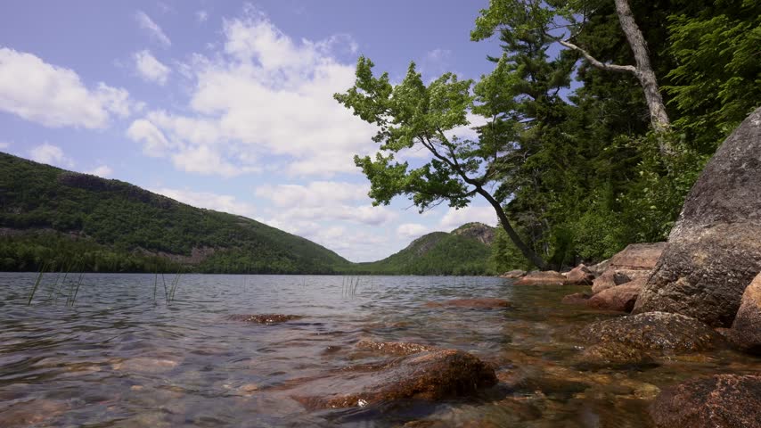Jordan Pond And The Bubbles Mountains In Acadia National Park On Mount Desert Island Near Bar Harbor, Maine, USA. Wide Shot