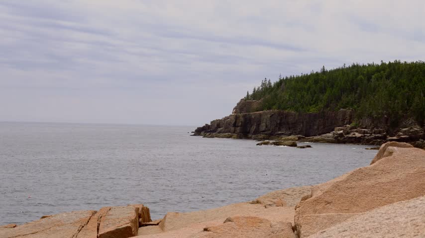 Rugged Pink Granite Coastline At Otter Cliff And Monument Cove In Acadia National Park, Maine, USA. Wide Shot