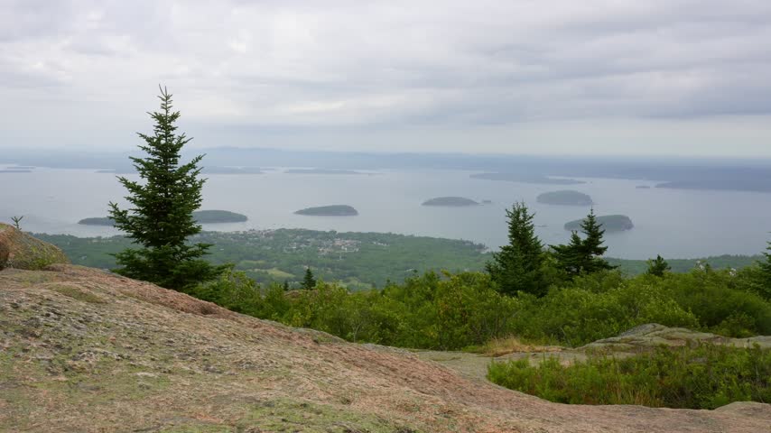 Hiking Trail Leads Over Cadillac Mountain Viewpoint Overlooking Bar Harbor In Acadia National Park, Maine, USA. Wide Shot