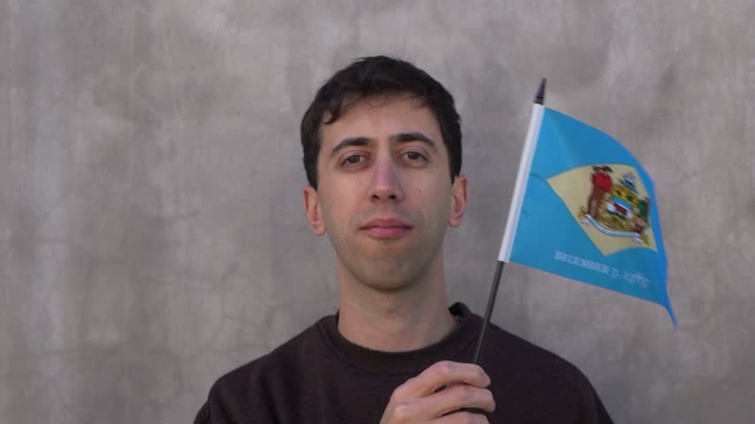 Person waving the state flag of Delaware in slow motion. Close up.