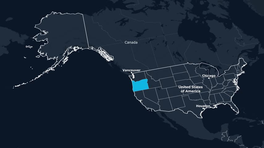 Animated map locator showing Oregon highlighted on a map of the United States with a smooth zoom-in transition, border outline, capital city pin, and state name text reveal. This clean flat-style motion graphic is perfect for travel videos, news broadcasts, documentaries, and geography presentations about the United States. Rendered in 4K resolution with a dark background for high-contrast, professional visual impact.