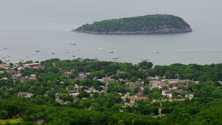 Scenic Vista Overlooks Bar Harbor And Frenchman Bay From The Summit Of Cadillac Mountain In Acadia National Park, Maine, USA. Wide Shot