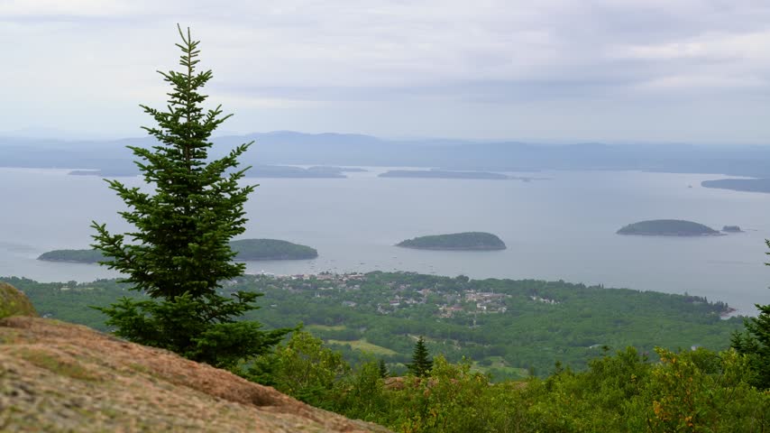 Cadillac Mountain Viewpoint In Acadia National Park, Overlooking Bar Harbor And The Porcupine Islands In Maine, USA. Wide Shot