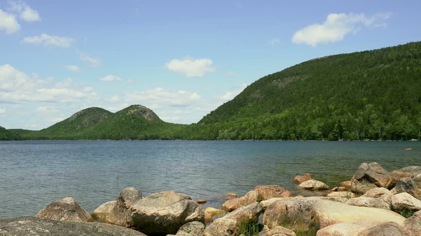 Jordan Pond With The Iconic Bubble Twin Peaks In The Background Within Acadia National Park On Mount Desert Island, Maine, USA. Wide Shot