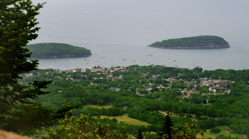 Coastal Town Of Bar Harbor From Cadillac Mountain Overlook On Mount Desert Island In Maine, USA. Wide Shot