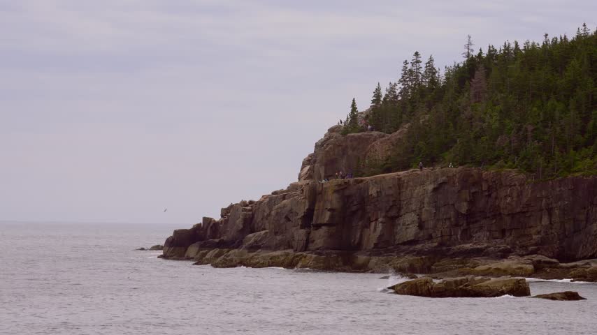 Massive Pink Granite Sea Cliffs Of Otter Cliff In Acadia National Park On Mount Desert Island, Maine, USA. Static Shot
