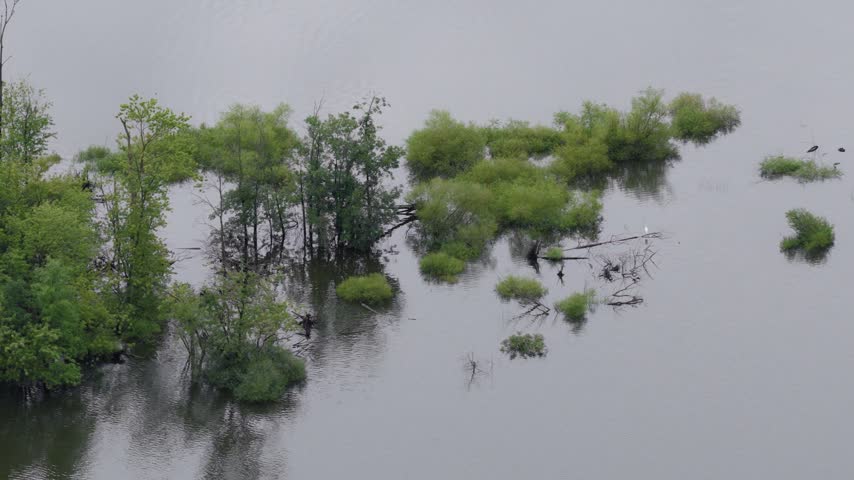 Aerial and drone view of Big Walnut Creek by Galena, OH with river water in Ohio aquatic basin landscape leading into Hoover reservoir man made lake with trees, riverbanks, and flowing water-surface