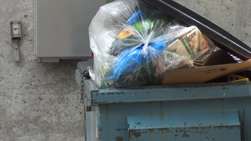 Garbage bins overstuffed with trash.