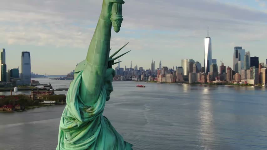 Aerial close up view of the Statue of Liberty
