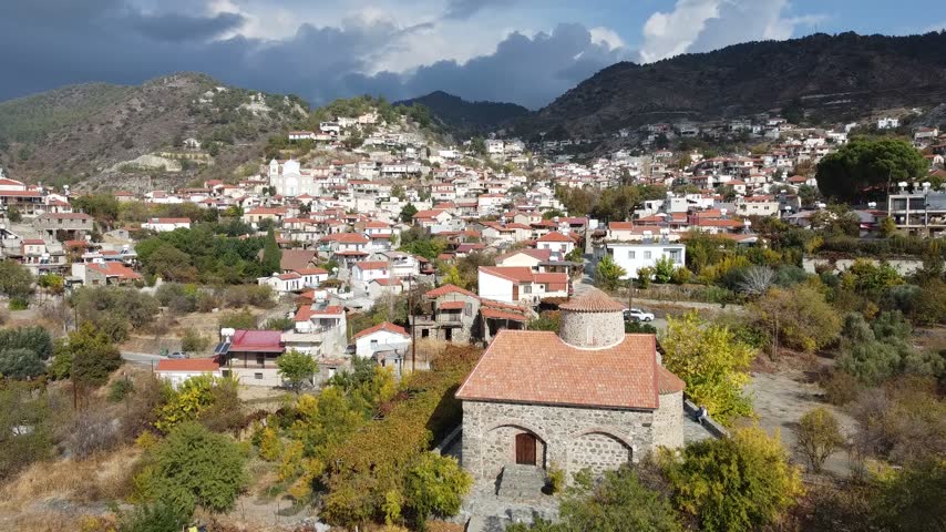 Cinematic drone footage of Pelendri village in the mountains of Limassol, Cyprus.