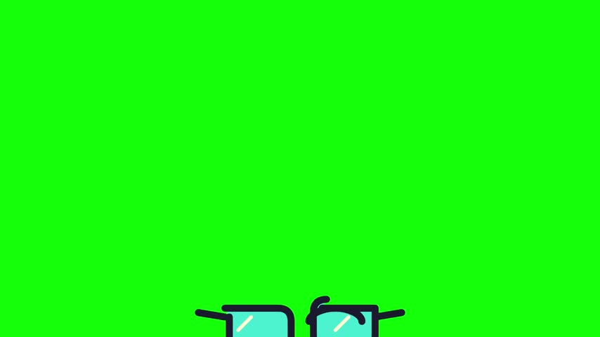 Simple cartoon spectacles illustration with light blue tinted lenses and dark frames, isolated on a solid neon green background, suitable for video editing and digital icons.