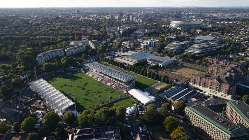 Laya Arena, Royal Dublin Society, Aviva Stadium and Meta landmarks, Dublin drone cityscape.