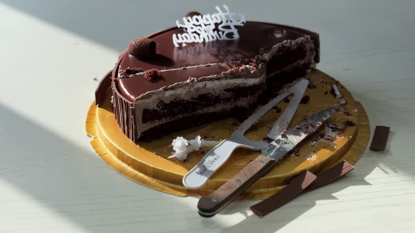 A close-up shot of a sliced chocolate birthday cake on a white indoor table. The half-eaten dessert sits in bright daylight next to a pastry server, knife, and scattered cocoa crumbs.