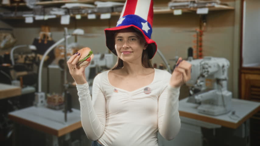 Young woman holding hamburger and pinching nose while wearing tall red white blue star hat and flag pin in sewing studio with industrial machines; disgust.