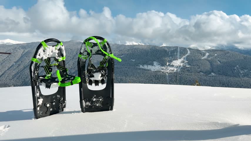 Close up pair of modern black and neon green snowshoes standing in deep snow against scenic mountain range background during sunny winter day.