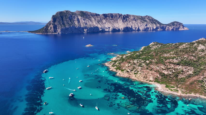 Aerial panoramic view of Molara and Tavolara islands in Sardinia, Italy