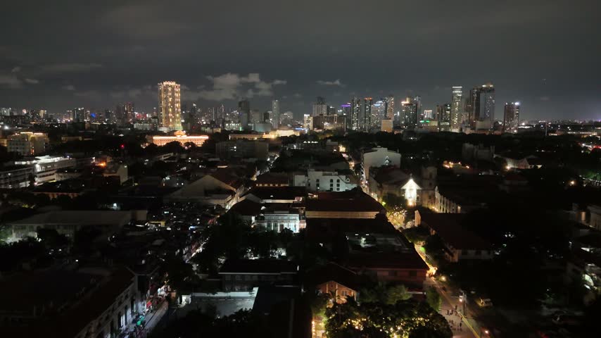 Aerial night view of Manila Cathedral, Intramuros in Manila, Philippines, historical architecture