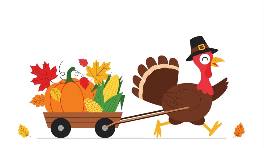 Animated Thanksgiving Turkey Pulling Harvest Wagon Pumpkin