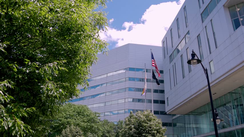 Robert J. Hughes Justice Complex exterior in Trenton, New Jersey with gimbal video panning left to right.