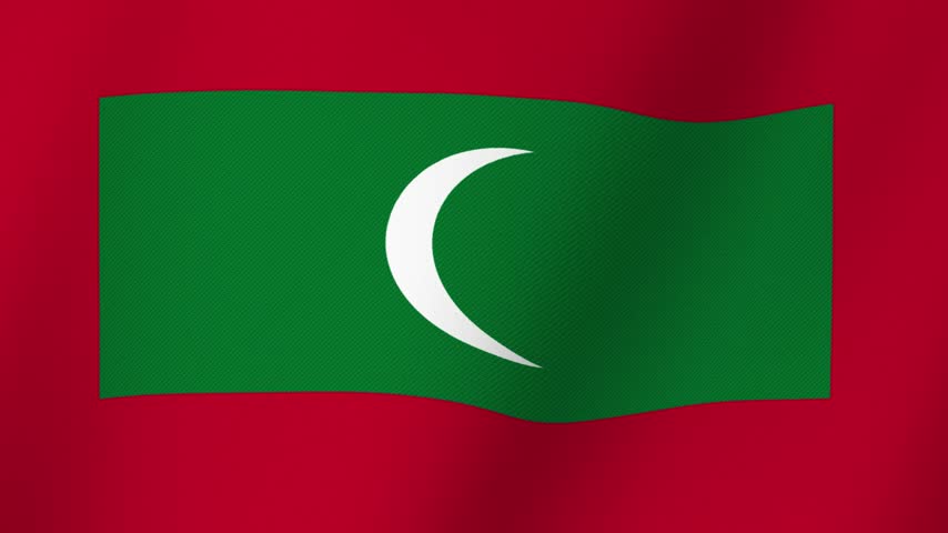 Waving Flag of Maldives with Crescent Moon and Star on Green Field Surrounded by Red Border