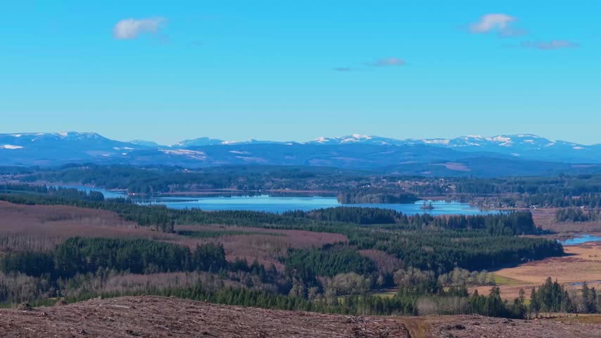Aerial view of Silver Lake near Toutle, Washington, surrounded by forested hills and snow-capped Cascade Range mountains.


