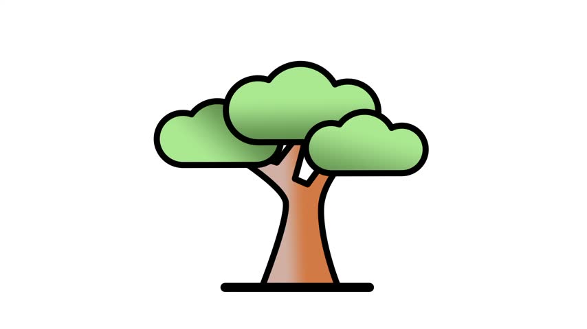 White banner showing a simple cartoon tree icon with a rounded fluffy green leafy top and a slightly curved brown trunk above a black stripe below