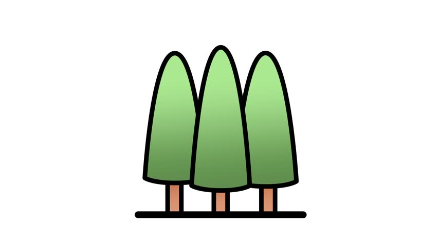 White banner featuring three tall green conifer or pine trees of varying height standing side by side with narrow trunks above a black stripe below