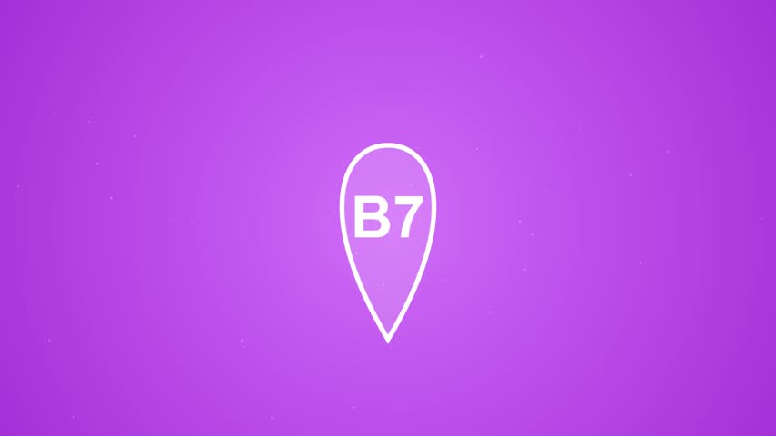 Simple animation of location pin symbol showing B7 text. Minimalist graphic motion design against smooth purple backdrop.