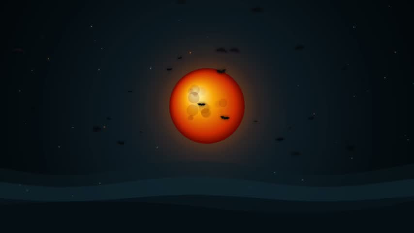 A 2D motion graphic animation featuring a glowing red circular moon in a dark night sky. Small silhouette shapes resembling birds drift across the frame above dark, rolling landscape horizons.
