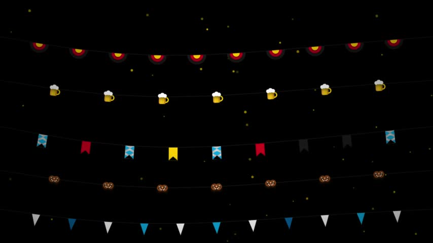 Animated graphic featuring hanging strings of Oktoberfest bunting, Bavarian flags, beer mugs, and pretzels on a black background with floating confetti particles for a festive celebration theme.