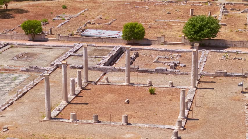 Archaeological site of Pella showing ancient marble columns and mosaic floors of the former capital of the Kingdom of Macedon, Greece