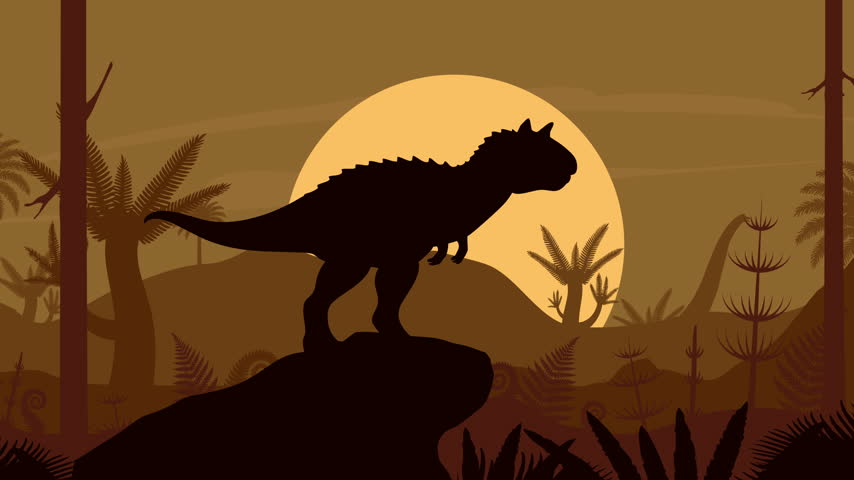 Parallax animation of a roaring Carnotaurus at sunset with walking sauropods, flying pterosaurs and giant dragonflies in a prehistoric landscape. Cartoon Mesozoic wildlife scene.