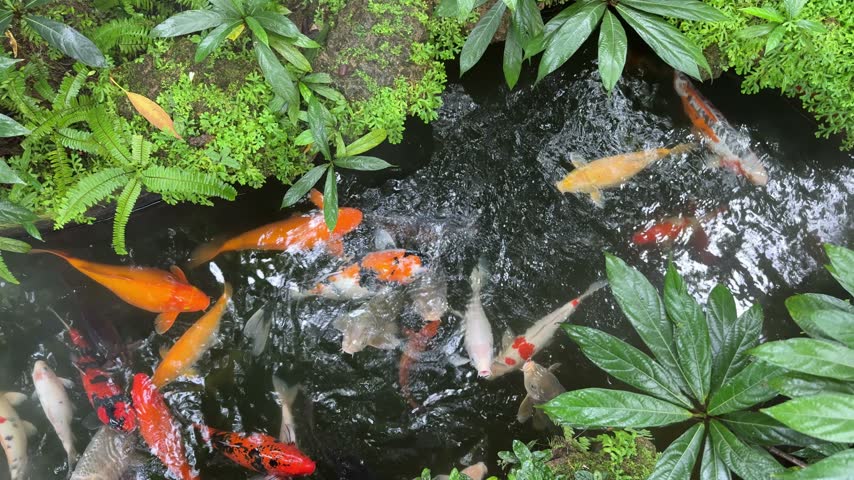 Koi fish swim in a pond lined with small rocks. Colorful koi fish swim around in the pond. bustling view of colorful koi fish as they swim together in a tranquil pond. Group of colorful koi fish.   