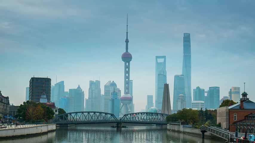 Time lapse of Shanghai City Skyline Covered in Smog and Haze, China.