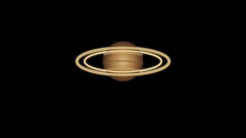 Saturn style planet with glowing rings graphic icon animation on black background