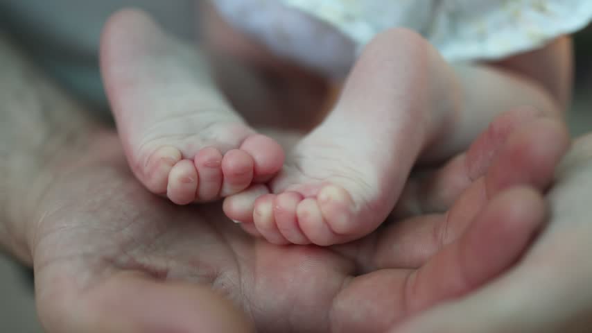 Newborn baby feet in the hands of parents, mother and father gently holding tiny feet together. Symbol of family love, care, and tenderness.