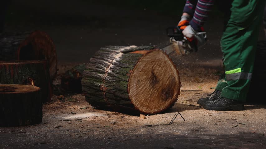 Lumberjack woodcutter team with chainsaw cutting a massive tree in the forest, logger brigade sawing and chopping firewood timber trunk on sawmill, thinning crew at work, fallen tree after the storm