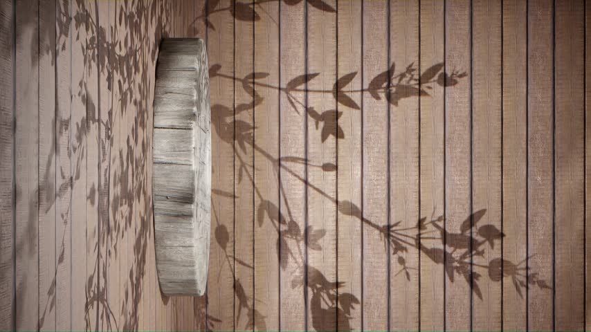 Wooden round podium on brown plank background with animated plant shadows in vertical format.