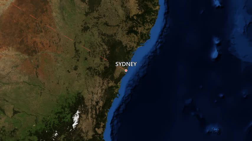 Animated flight route map from Sydney to Singapore over satellite imagery of the earth. The camera zooms out from Sydney, Australia, follows an airliner along the great circle path, then zooms in to Singapore, Singapore.