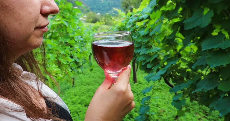Young woman drinking rose wine from the glass with the gree vines background 