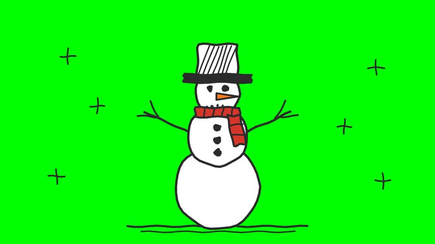Snowman wearing hat and scarf on green background